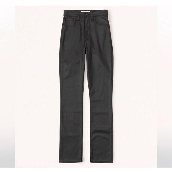 Abercrombie The 90’s Slim Straight Ultra High Rise Black Sheen Leather Coated Pa - Picture 1 of 10